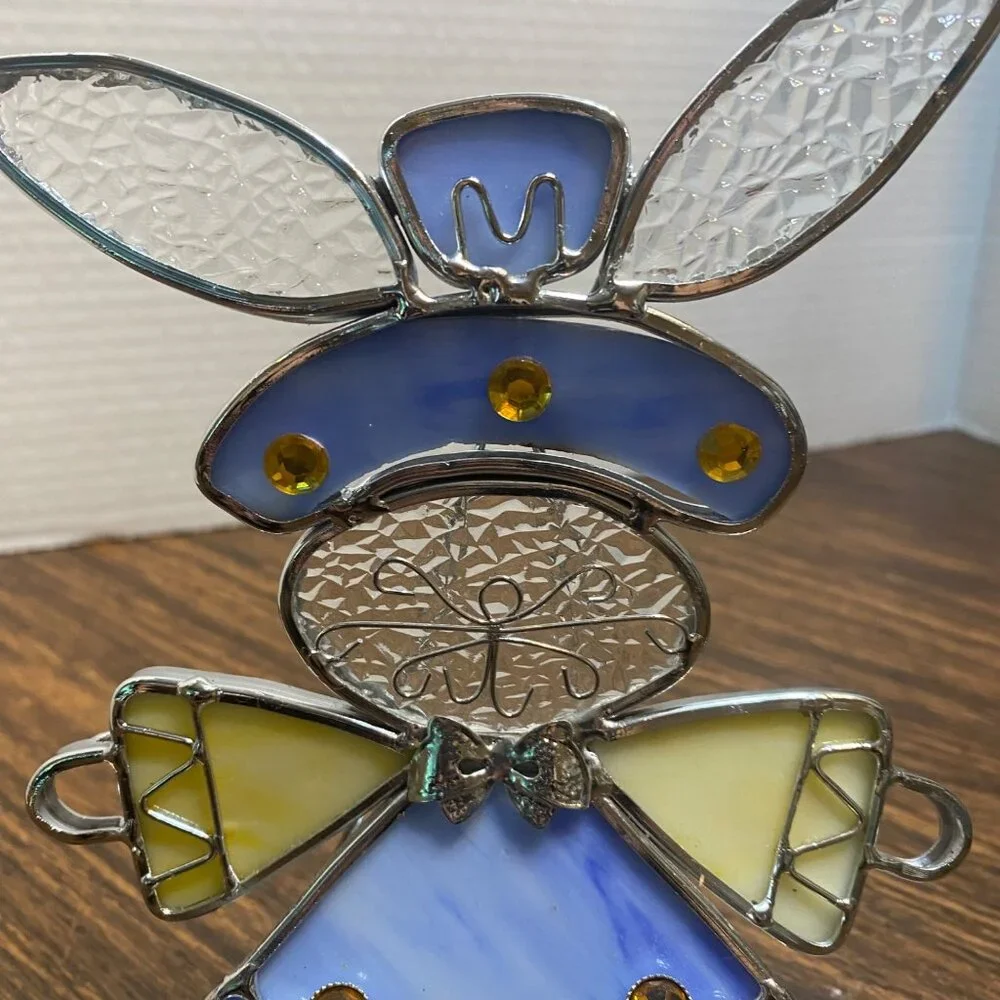 Stained Glass Bunny Rabbit Tea‎ Light Decor Yellow Flower Accents Easter Spring